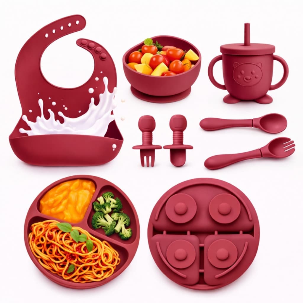 Talheres e Acessórios De Alimentação Infantil Em Silicone Com Babador, Colher Garfo e Ventosa Kit 10