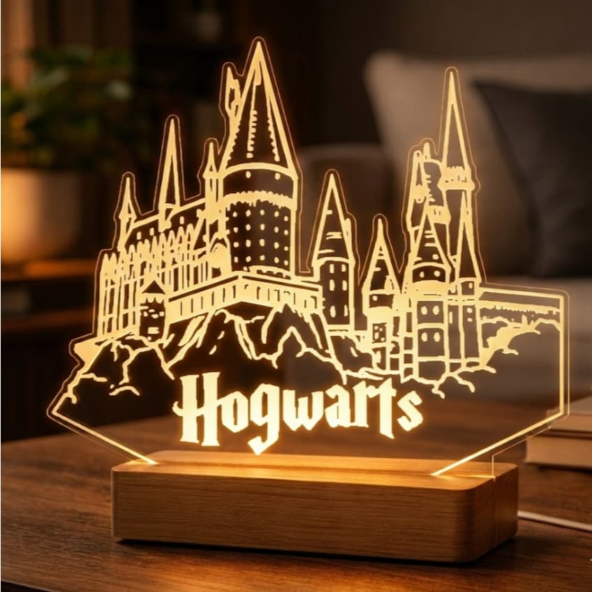 Luminária LED 3D Hogwarts Harry Potter - 18 CM - Acrílico com a base DE MADEIRA