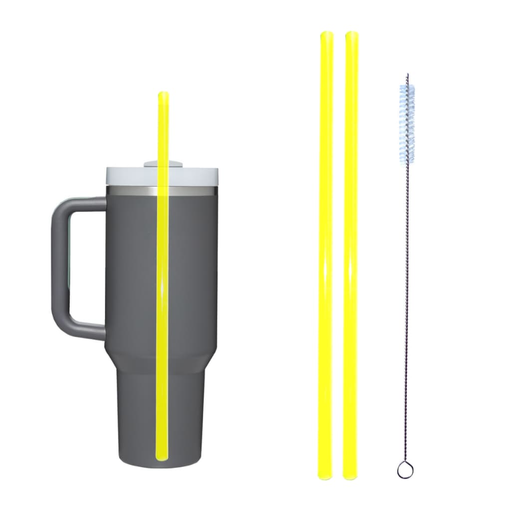 Kit 2 Canudos Reutilizáveis 31cm  Amarelo Neon + Escova Limpeza Para Copo Térmico Quencher 40oz 1,2L