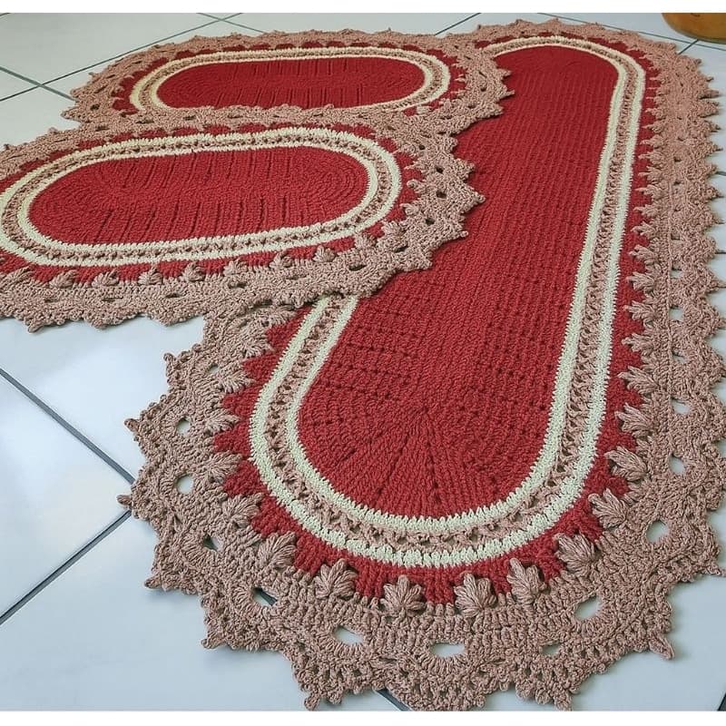 Jogo de Tapetes Crochê 3 Peças 130x50 + 70x50 Terracota e Bege, Tapetes e passadeira de crochê