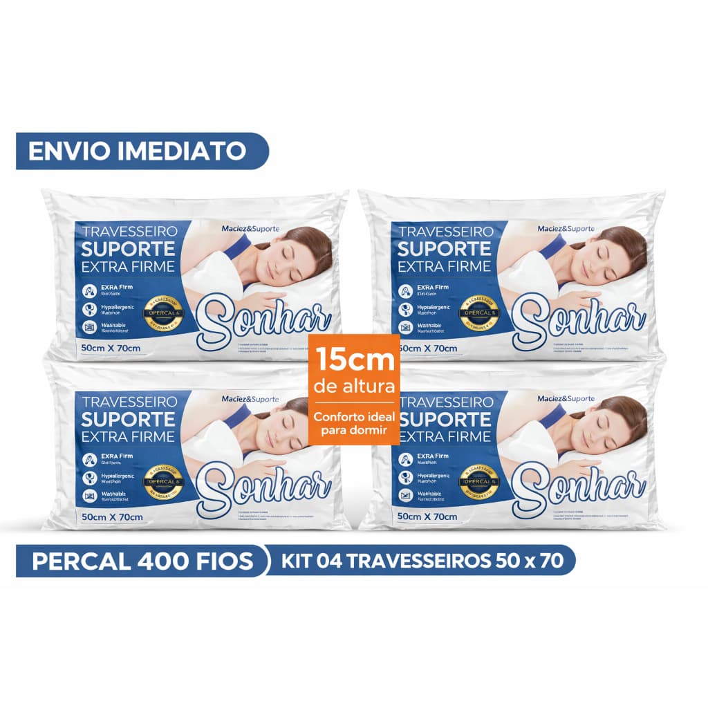 Kit 04 Travesseiros Percal 400 Fios Alto Firme Antialérgico 70x50cm Fibra Importada