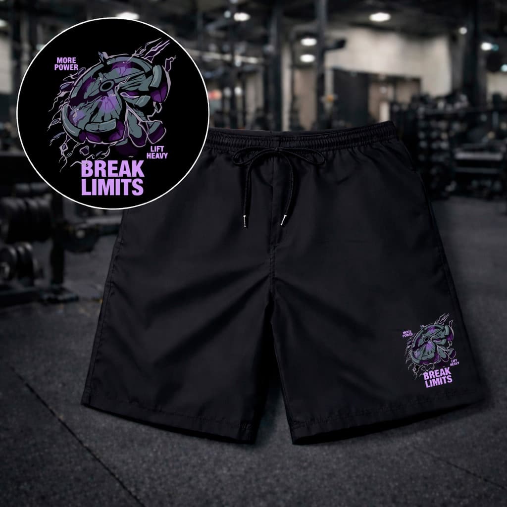 Bermuda Masculina Short Preto Tactel Estampado Break Limits Para Academia Treino Futebol Praia
