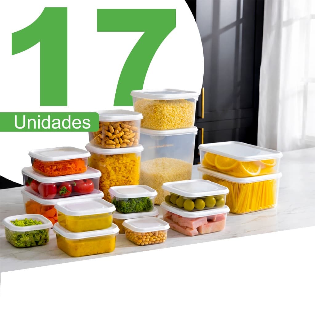 Kit 17 Potes De Plástico Transparente Tamanhos Variados Para Geladeira E Armazenamento De Alimentos