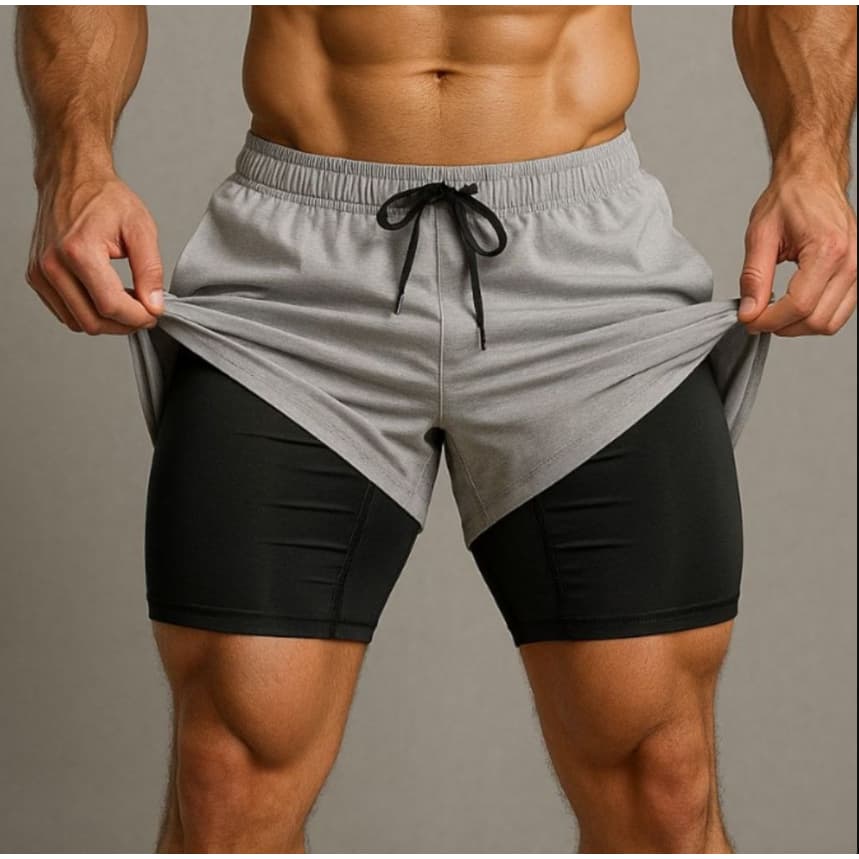 Shorts 2 em 1 Masculino Running Academia Bolso Interno Cordão Ajuste