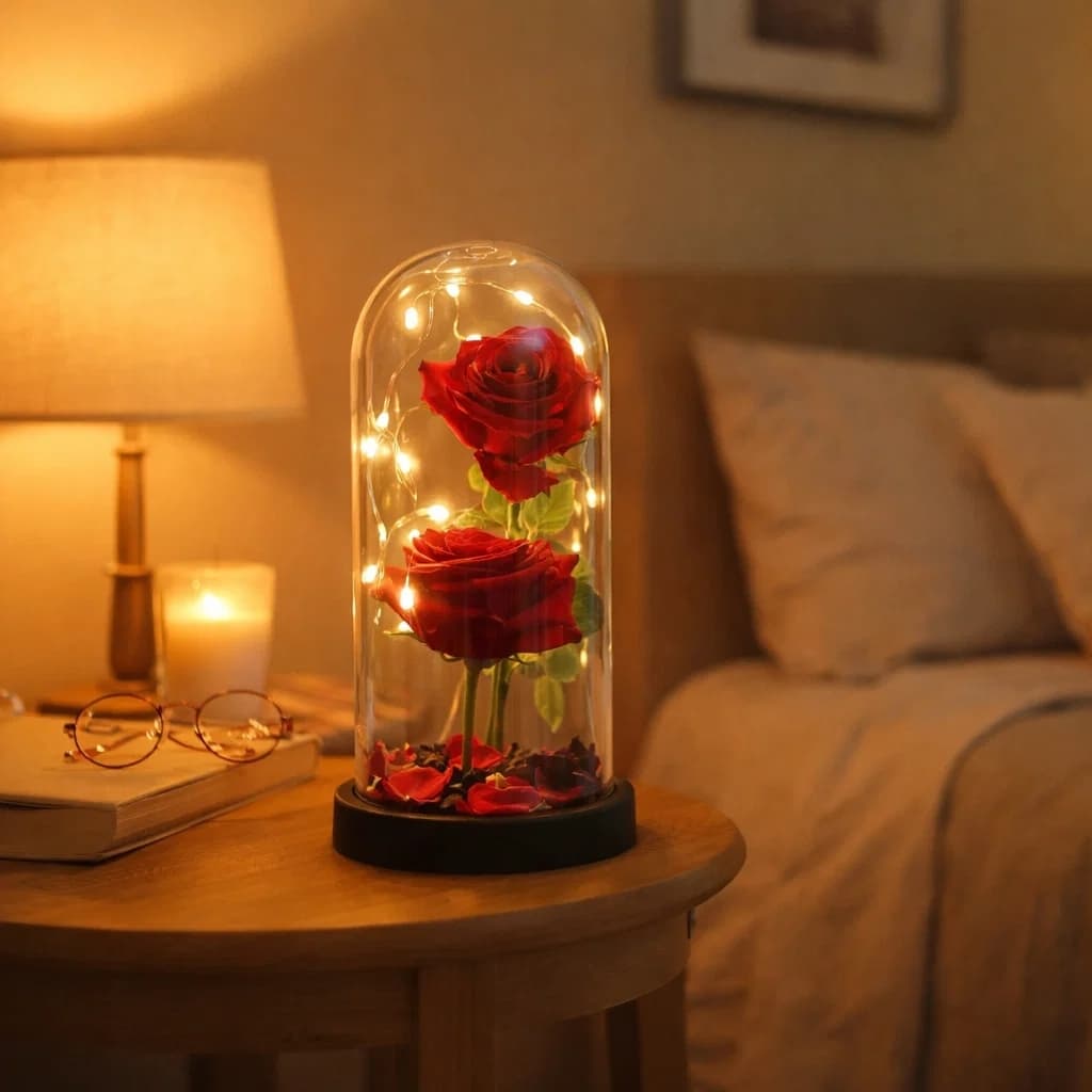 Luminária Rosa Decorativa Cúpula Transparente Abajur Flor Artificial LED Luz Suave Quarto Sala