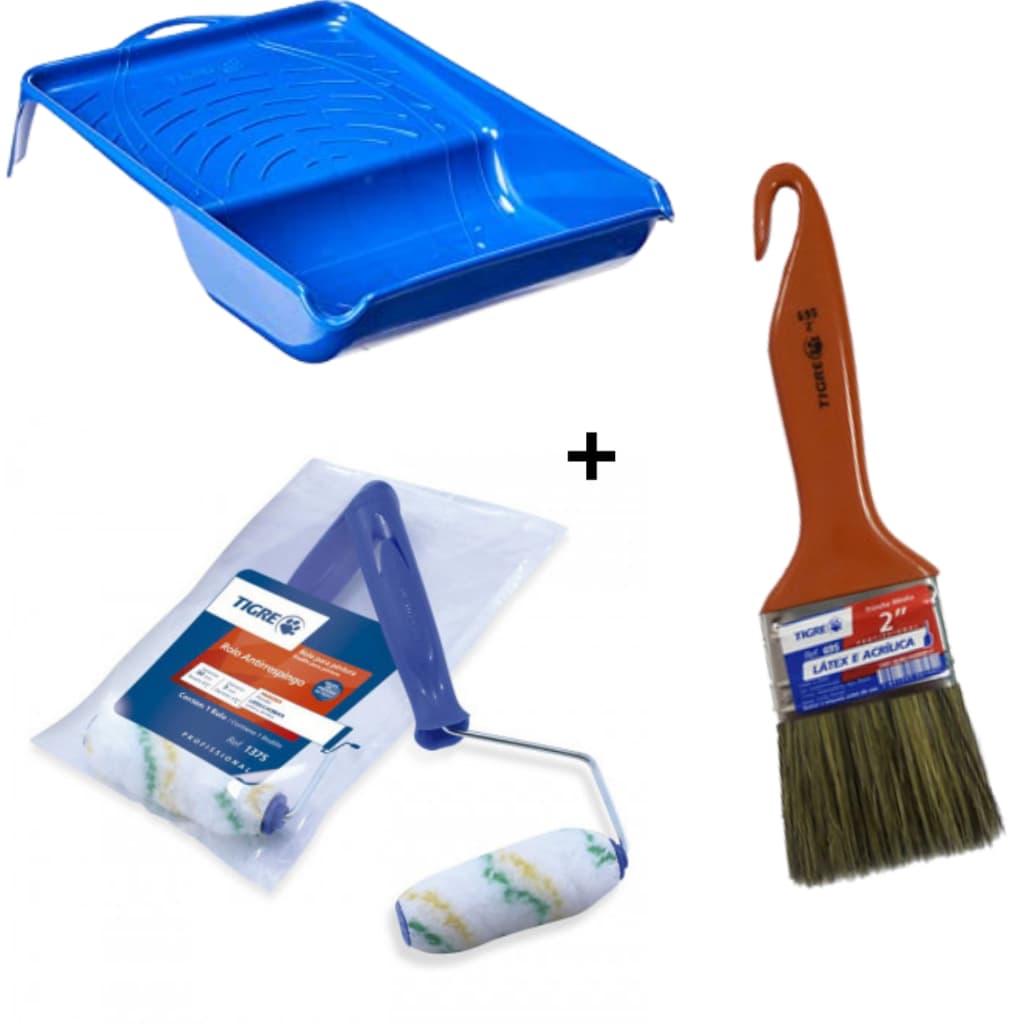 Kit de pintura pequeno (Bandeja Azul 15 cm + Rolo econômico 1377 9 cm + Pincel 2 polegadas 695 ) Tigre