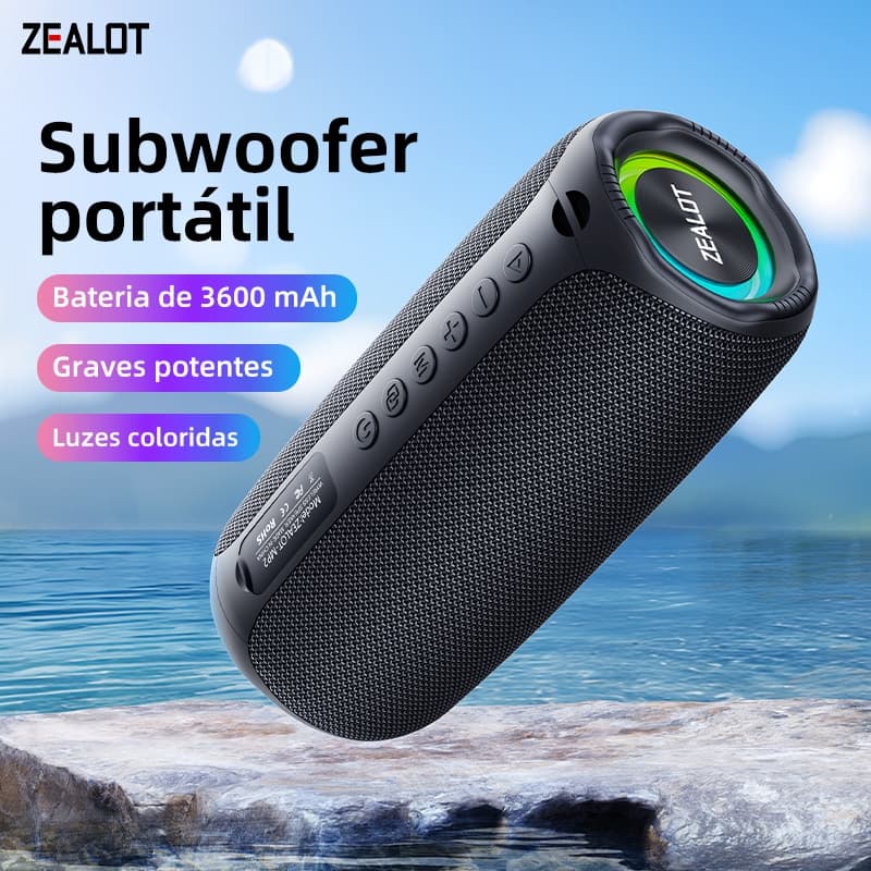 Caixa de Som Bluetooth ZEALOT MP2 20W TWS Portátil Outdoor | Som Potente, Alta Bateria 3600mAh, USB-C, IPX4, Design Prem