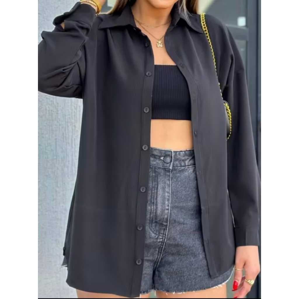 Camisa Feminina Solta Manga Comprida Camisa Social Crepe Cor Lisa