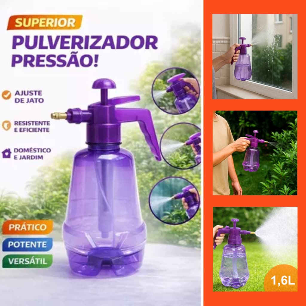 Pulverizador Alta Pressão Acumulada  Borrifador Spray 1,6L Manual Limpeza e Uso DomésticoPlástico Bico Ajustável Jardina