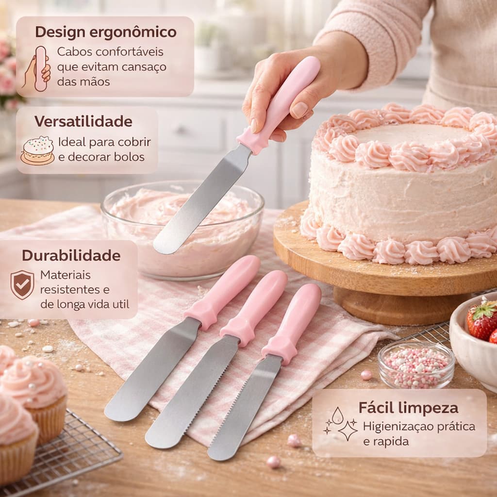 ESPATULA PARA CONFEITAR BOLO  KIT COM 3 PEÇAS CONFEITARIA