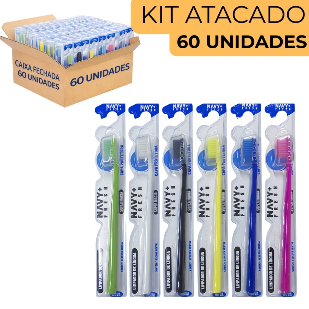 Kit 60 Escovas de Dente Adulto Extra Macia com Capa Protetora e Limpador de Língua Atacado