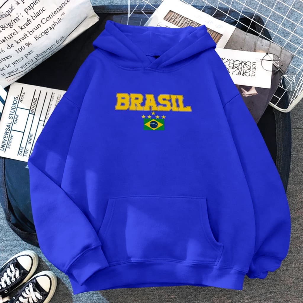 Blusa de Frio Brasil 5 Estrelas Casaco Moletom Torcedor Copa 100% Algodão