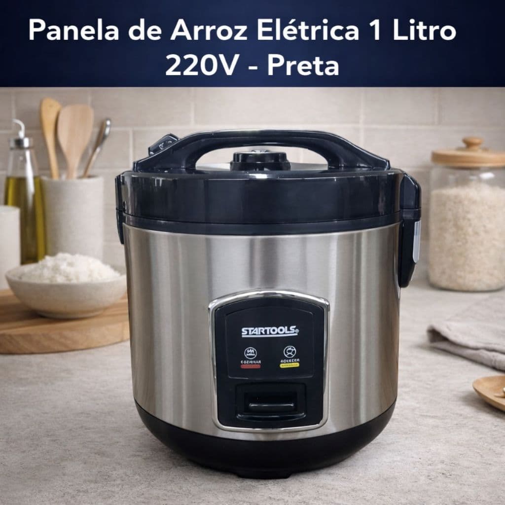Panela de Arroz Elétrica 1 Litro 220V 400W Cozinhmento Rápido Fácil Uso Com Copo Medidor - Preta