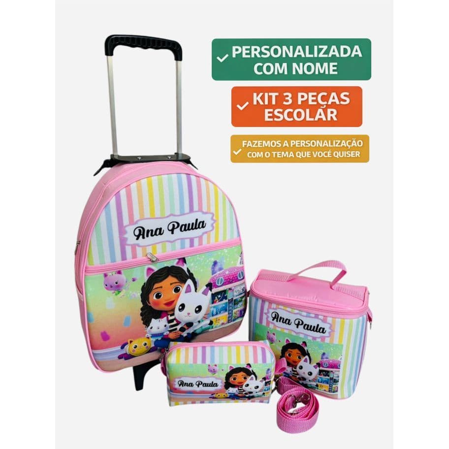 Kit Mochila 3 Peças A Casa Mágica da Gabby de rodinhas carrinho personalizada com o nome