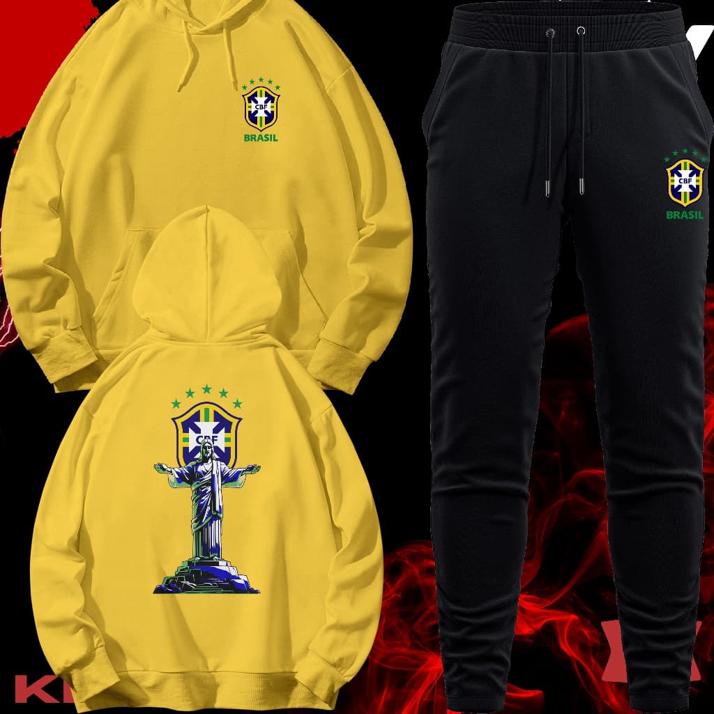 Conjunto Torcedor Brasil Amarelo Moletom e Calça Esportiva Masculino Feminino