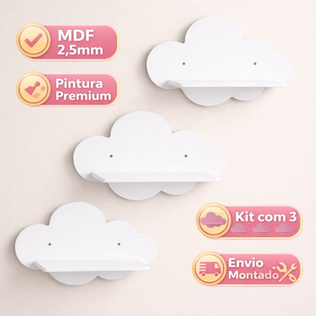 Kit Prateleira Para Quarto Nicho Nuvem 3 Peças
