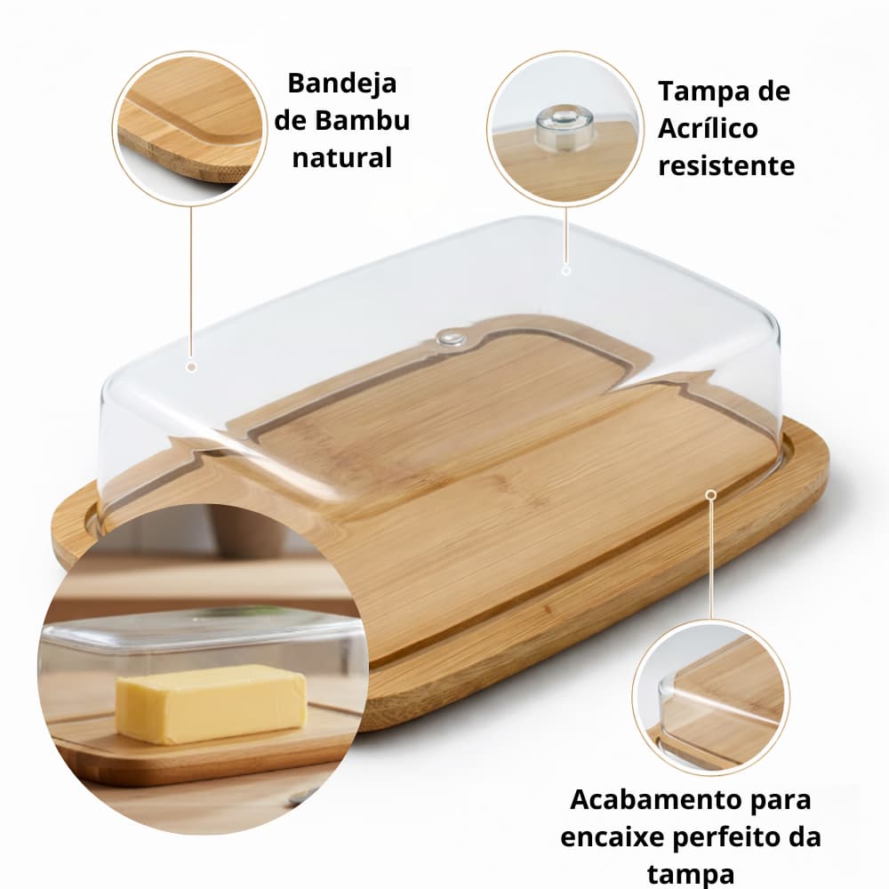 Manteigueira de Bambu Com Tampa Acrílica 19x12,5x6 Dolce Home