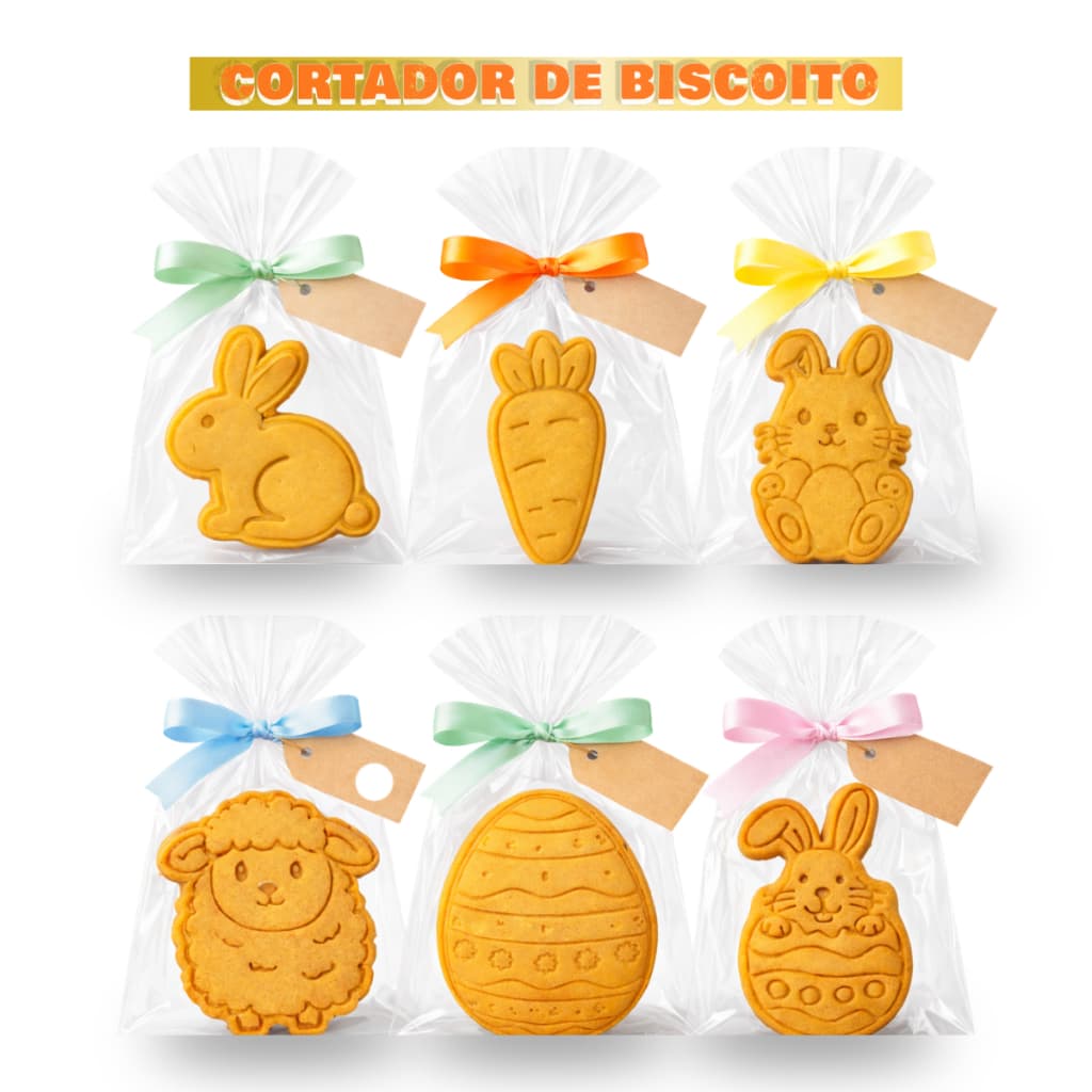 Kit Cortadores Temáticos de Páscoa para Biscoitos Infantis 6 Peças com Cortador e Marcador interno