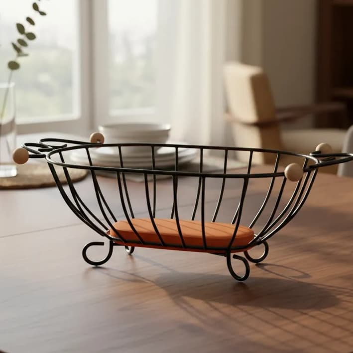 Fruteira oval artesanal de ferro para mesa