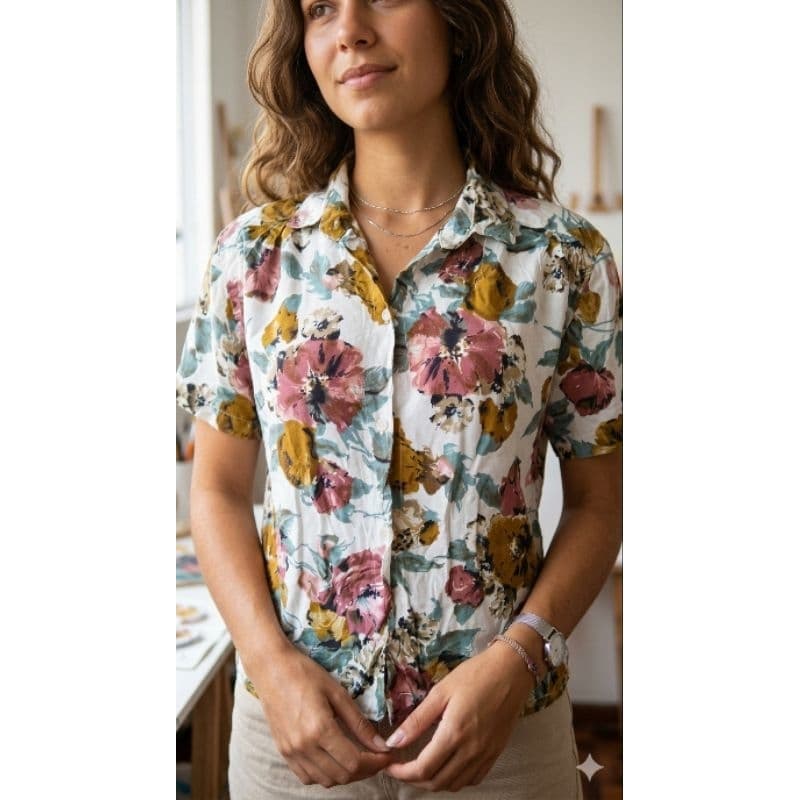 BRECHO Camisa Floral Delicada com Botões - Tamanho M