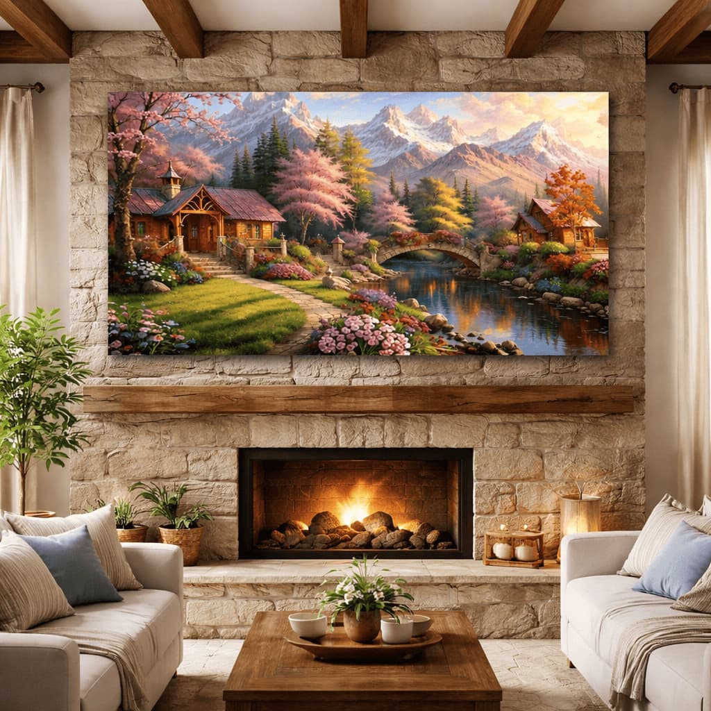 Quadro Decorativo Paisagem Casa Na Montanha Bosque e Lago Outono Minimalista Sofisticado