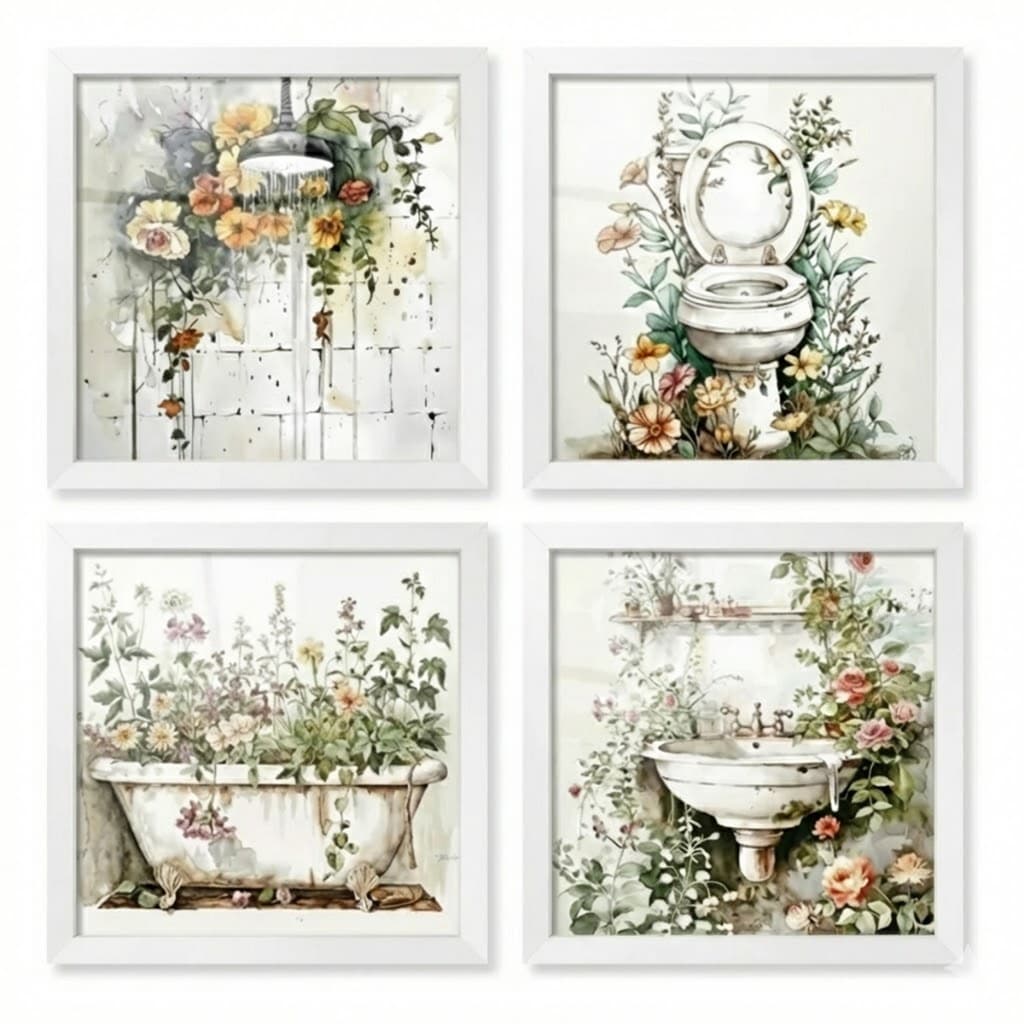 Kit 4 quadros 18x18 cm decorativos, banheiro, lavabo, florido, luxo, moldura e vidro