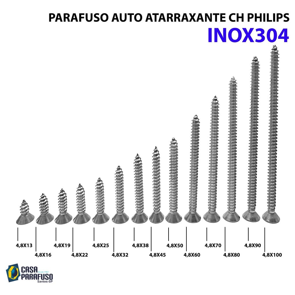 PARAFUSO - 4,8x - AUTO ATARRAXANTE CHATA PHILIPS - AÇO INOX304 - 50 Unidades