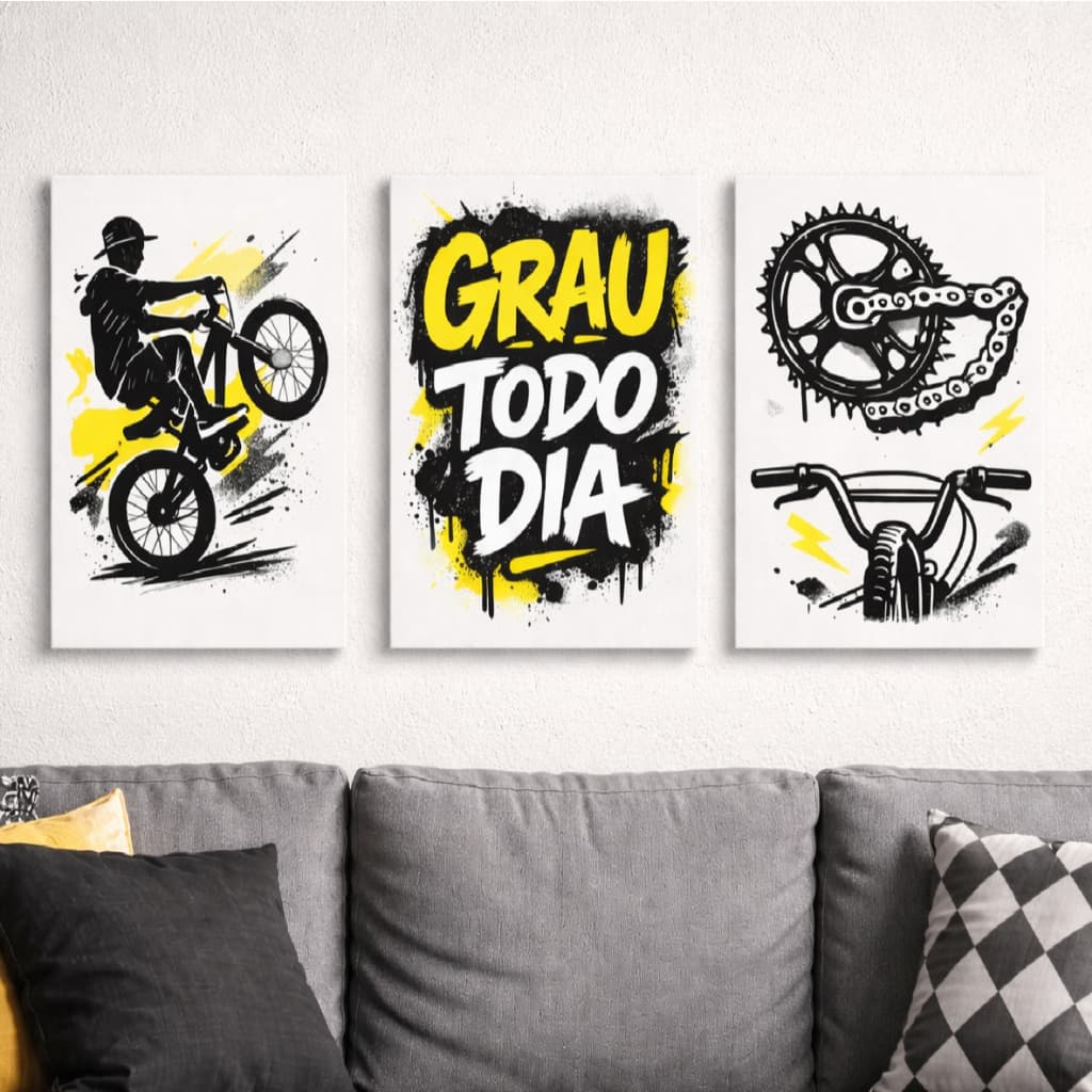 Kit 3 Quadros Decorativos BMX Grau Todo Dia Bicicleta Empinando Estilo Street Grafite MDF Unisex Auricorte