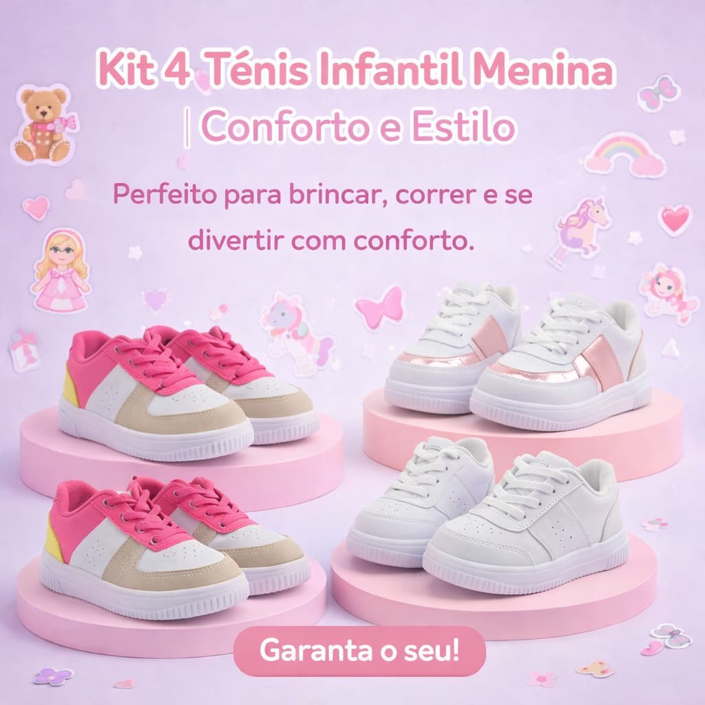 Kit 4 Tênis casual para menina | Conforto e Estilo Perfeito Para Brincar 20 ao 27 | GARANTA O SEU!