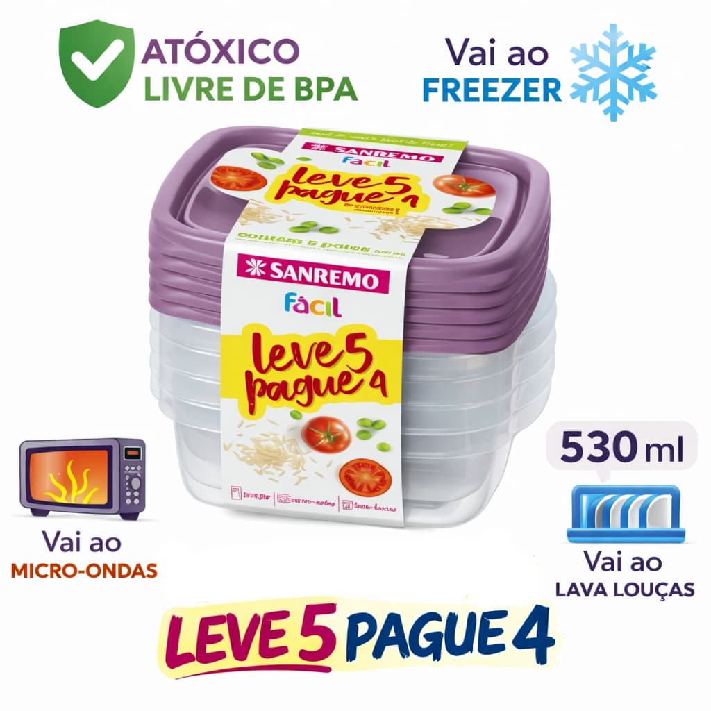 CONJUNTO DE 5 POTES HERMÉTICOS 530 ML - KIT POTES LEVE 5 PAGUE 4