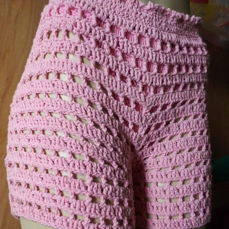 Short de Crochê Feminino Rosa Cintura Elástica Moda Praia Verão P M G
