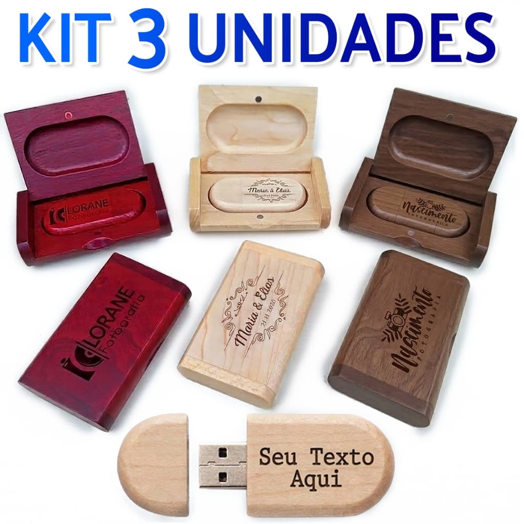 Kit 3 Pen Drive de Madeira 64Gb + Case Personalizados Pendrive 8Gb, 16Gb, 32Gb Fotografia