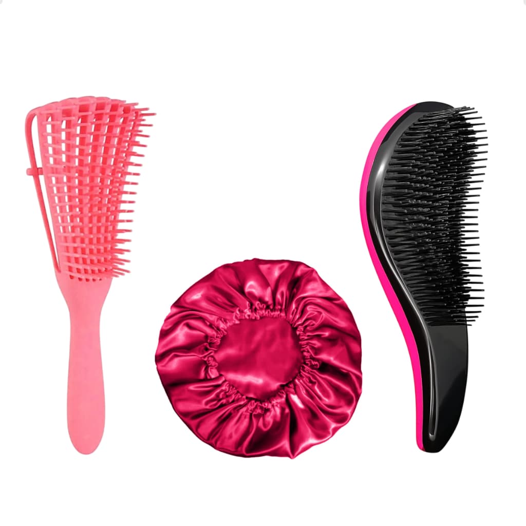 Kit Touca De Cetim + Escova Magica + Escova Polvo Cachos Facil Desembaraço