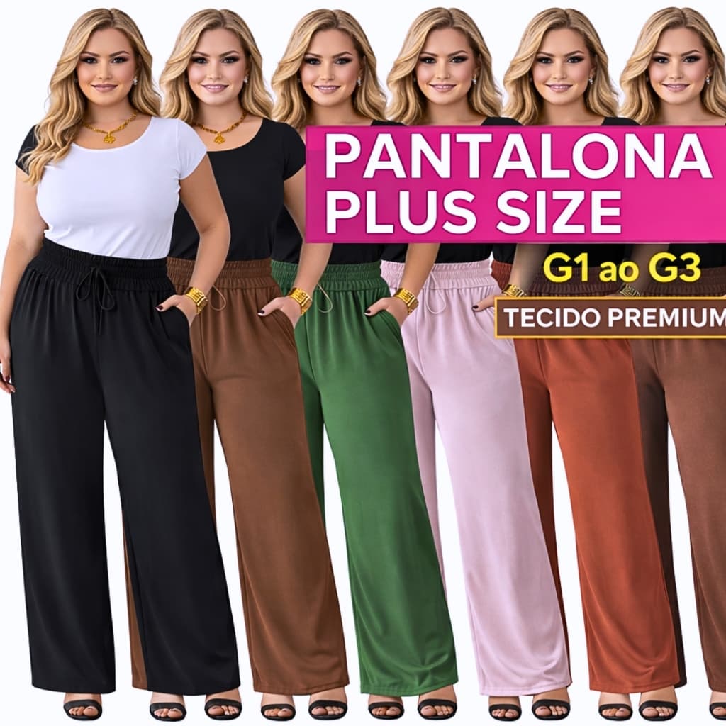 Calça Feminina Plus Size Duna Pantalona Cintura Alta com Elástico | Confortável Elegante G1 G2 G3