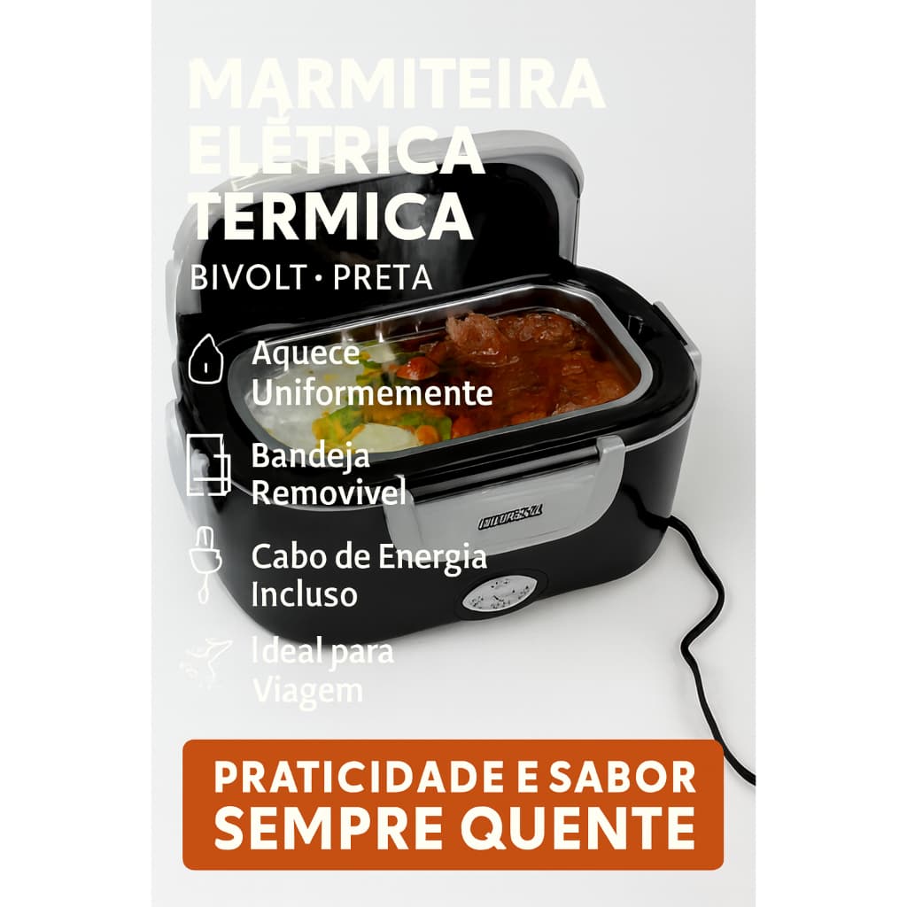 Marmiteira Elétrica Térmica Bivolt 1,5L 60W Portátil com Bandeja Removível e Porta-Talher – Preta