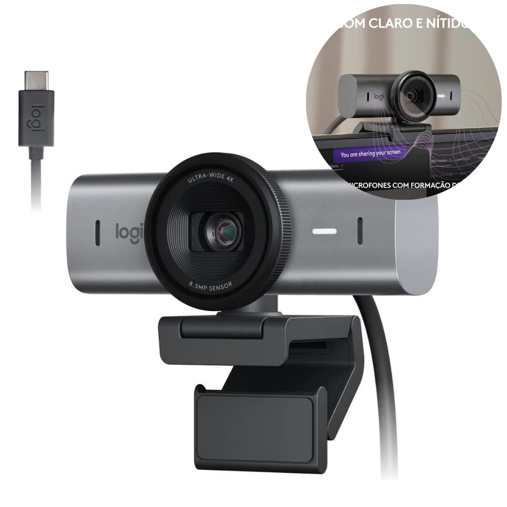 Webcam Ultra HD 4K Logitech MX Brio Com Microfone 30/60fps 3840x2160 3.0 USBC Modo Mãos Livres Preto