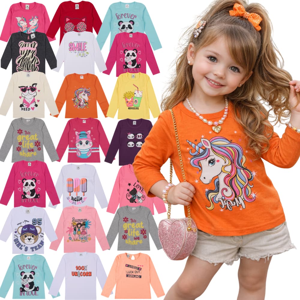 KIT Blusa Manga Longa Infantil Menina - Sortidas - Blusa Manga Comprida para Menina | Camiseta Infantil Menina
