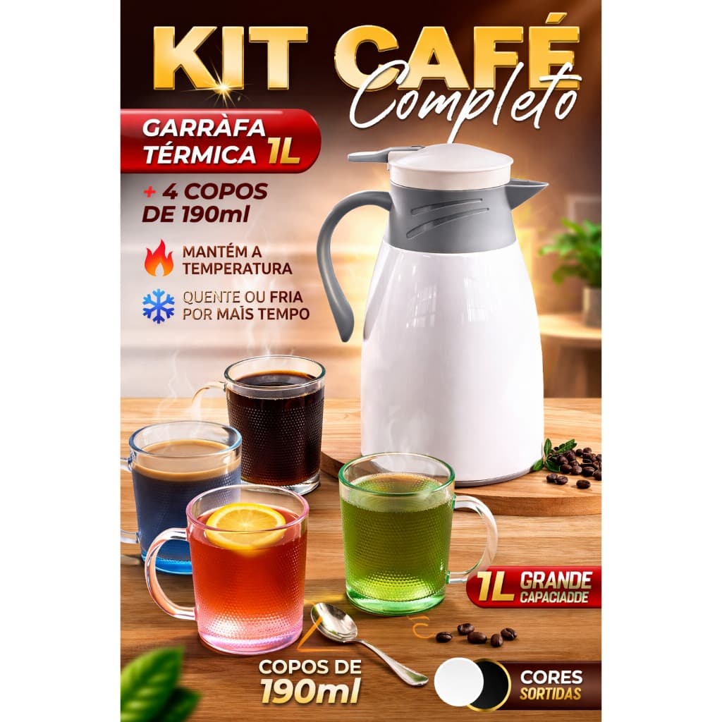 Kit Garrafa Térmica 1 Litro com 4 Copos Conjunto Café Ampola de Vidro Mesa Escritorio Café Preto Branco