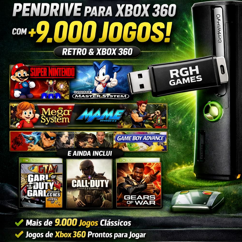 Pendrive para Xbox 360 RGH com Mais de 9.000 Jogos Retrô +Alguns jogos populares de Xbox 360