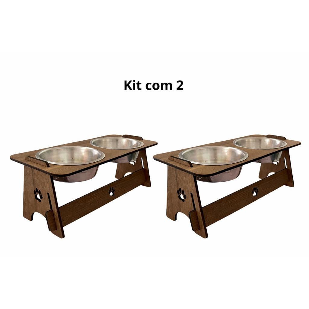 Kit 2 Comedouro Elevado Pet MDF Duplo com 2 Potes Aluminio-Pet Cachorro e Gato