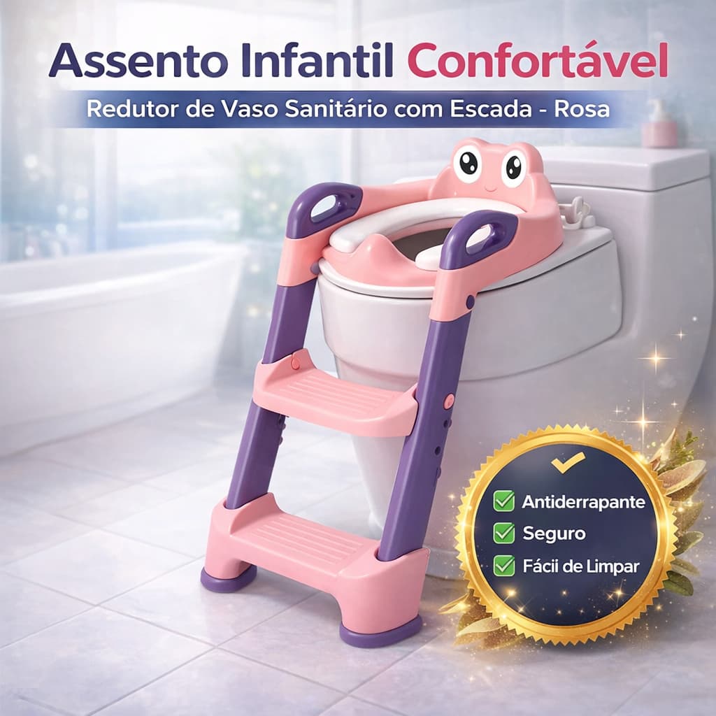 Assento Infantil Confortável Redutor de Vaso Sanitário com Escada – Rosa