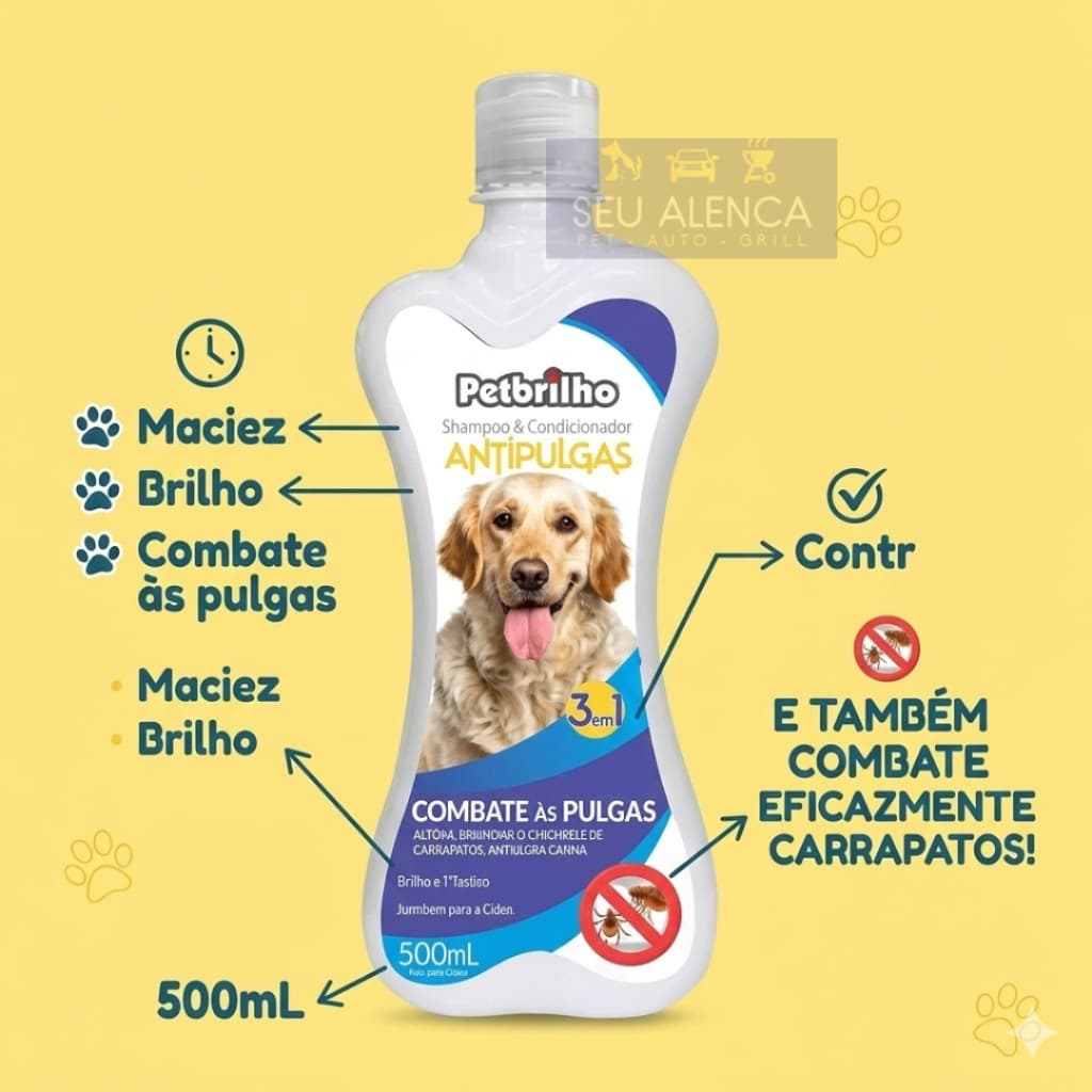 Shampoo e Condicionador Pet Brilho 3 em 1 - Anti Pulgas e Carrapatos 500mL - Pelagem Macia