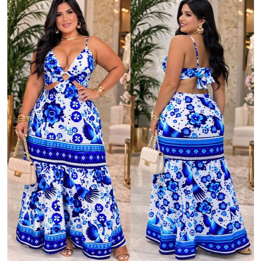 Vestido Longo Feminino Com Estampa Floral e Pássaros – Elegante e Fresco para o Verão