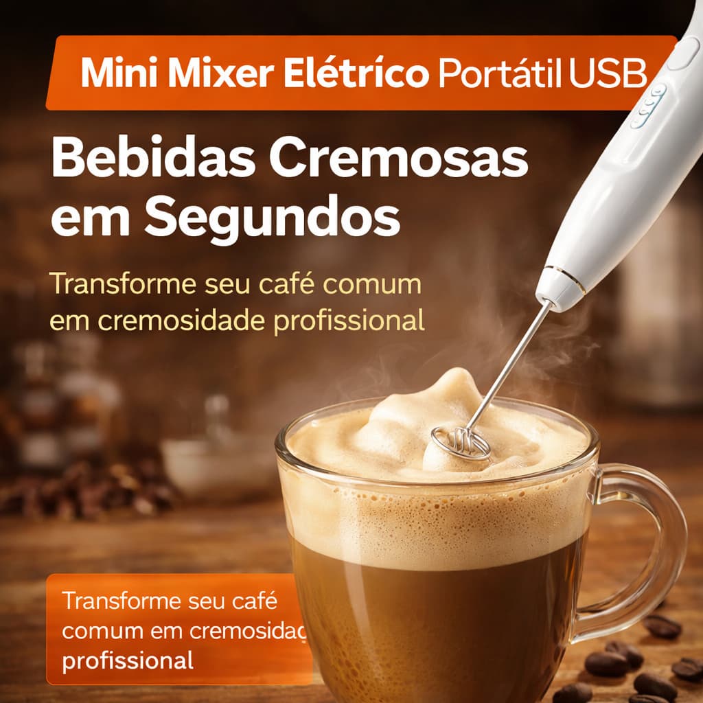 Mini Mixer Elétrico Portátil Recarregável USB Batedor de Café Cappuccino Shake com Fuê Inox