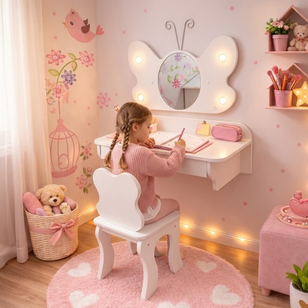 Mini Penteadeira Com Banqueta Infantil Criança Menina Branco Em MDF Com Gaveta Organizadora