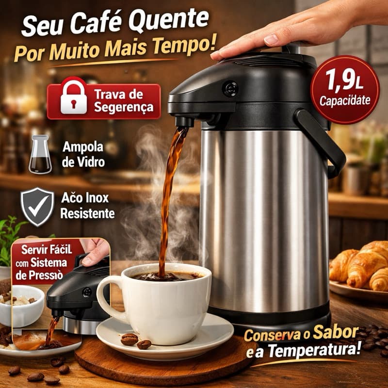 Garrafa Térmica Inox 1,9L Com Pressão Ampola De Vidro Café Chá Água Quente