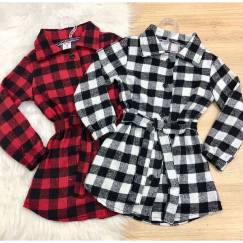 Chemise infantil xadrez, vestido chemise com fita pra amarração em flanela