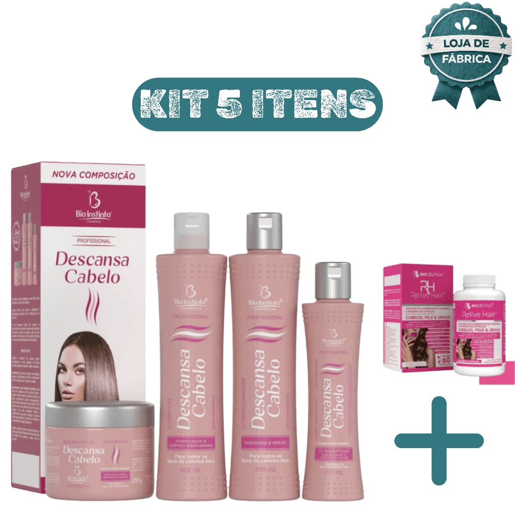 Kit 5 Itens Descansa Cabelo + Vitamina Relive Hair Cabelo Pele Unha Força Crescimento