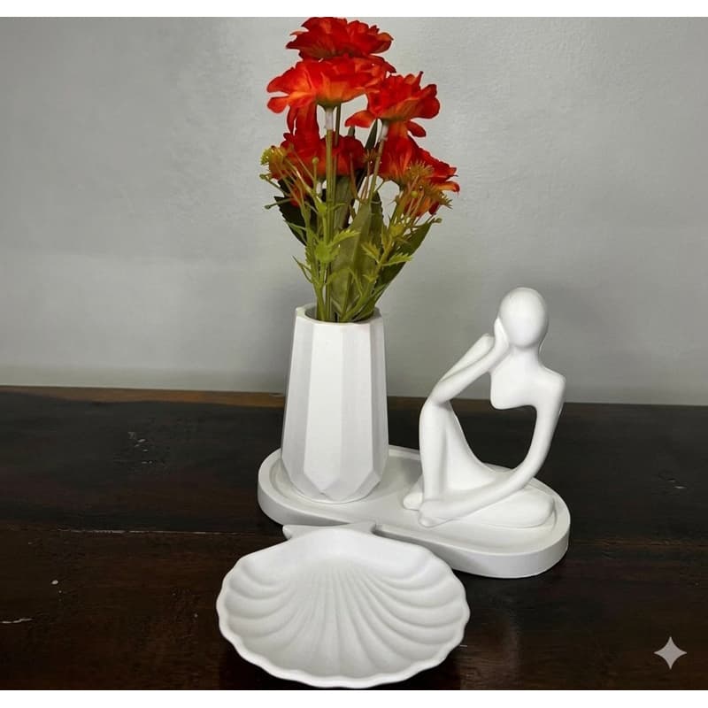 Kit Decoração Minimalista 4 Peças - Escultura Pensador + Vaso + Bandeja e Porta Joia Concha em Gesso