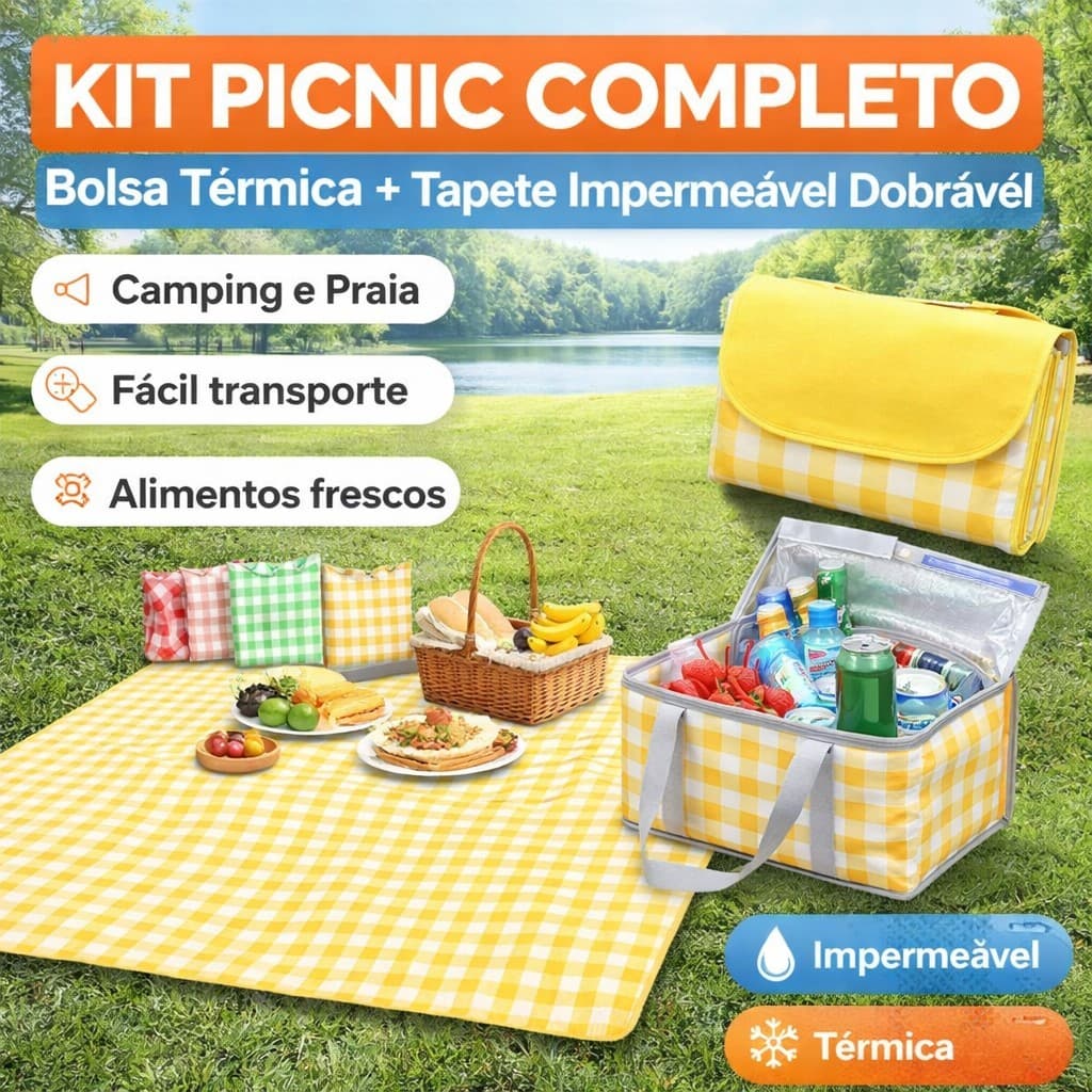 Kit Picnic Completo Bolsa Térmica + Tapete Toalha Impermeável Dobrável Camping Praia Viagem ar livre